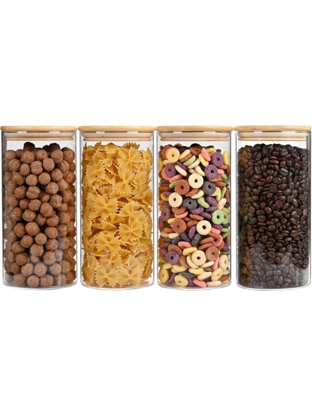 Set of 4 Airtight Glass Storage Jars with Bamboo Lids - Kitchen Canisters for